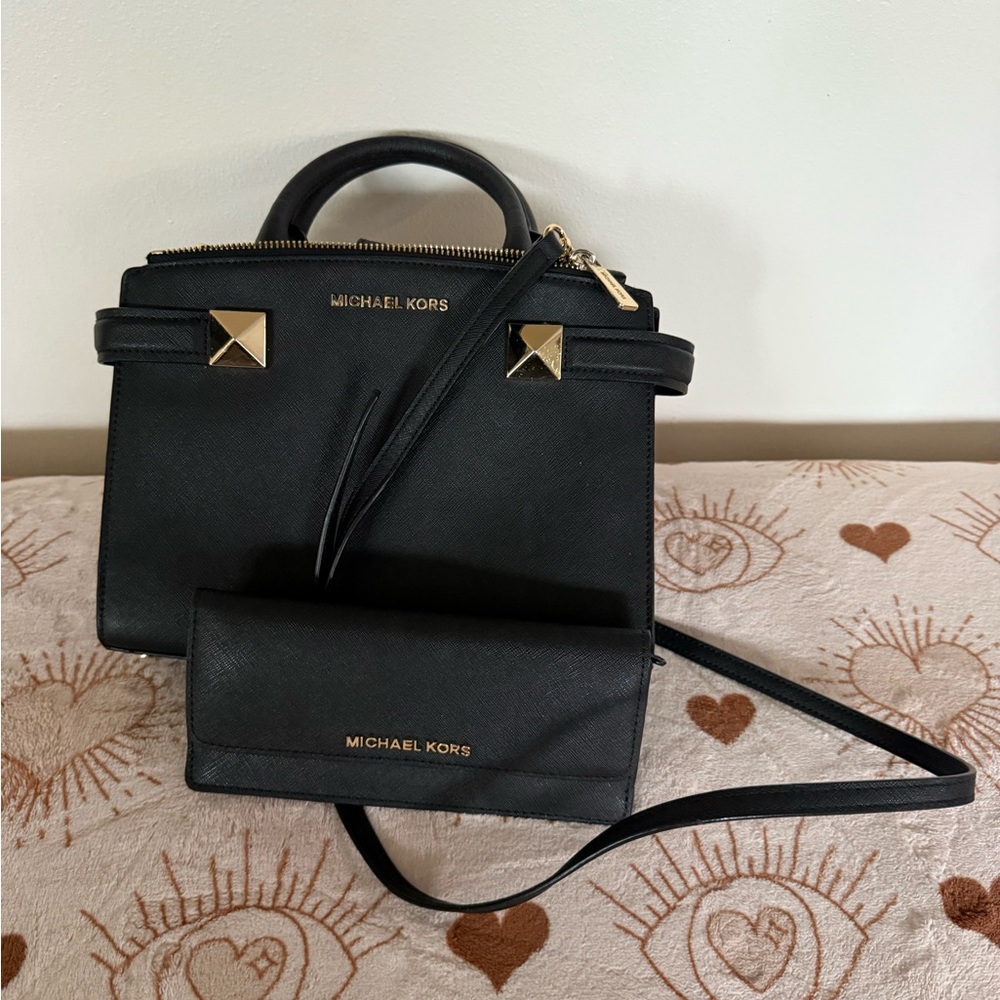 Michael Kors Black Learher Satchel and Wallet Set